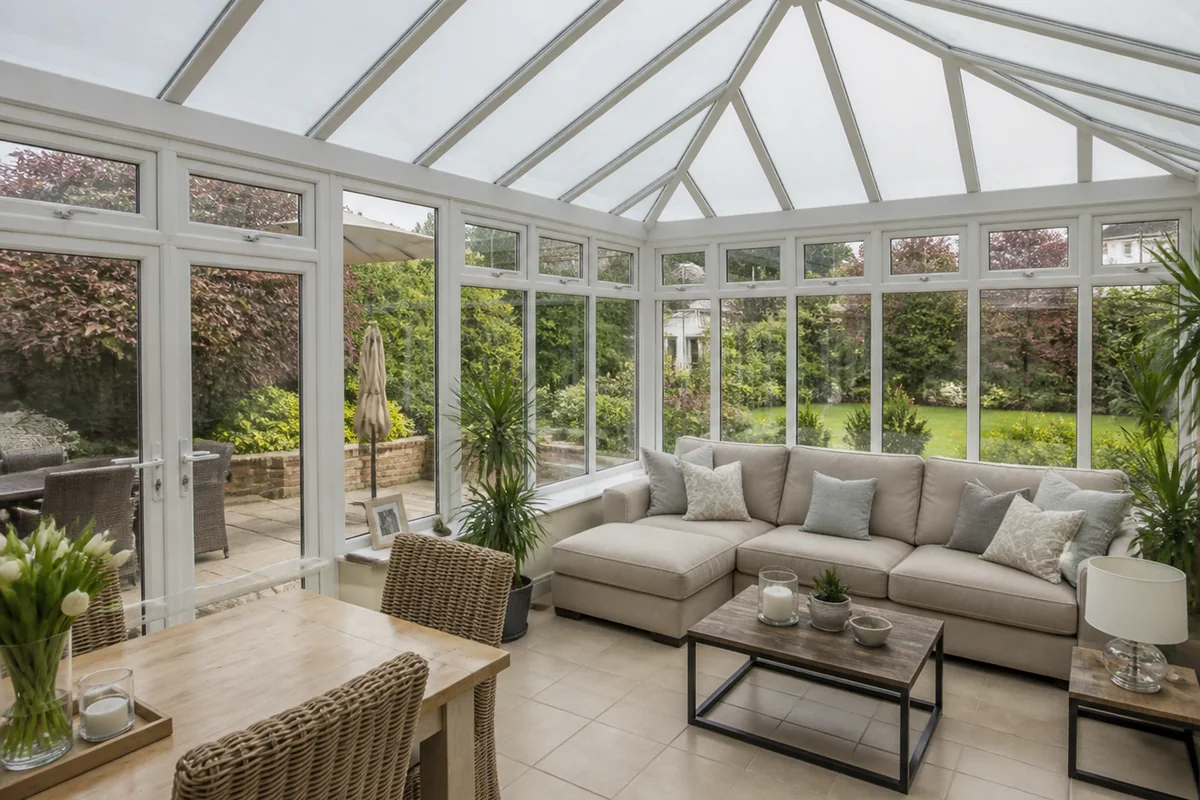 Illustrative furnished conservatory living space
