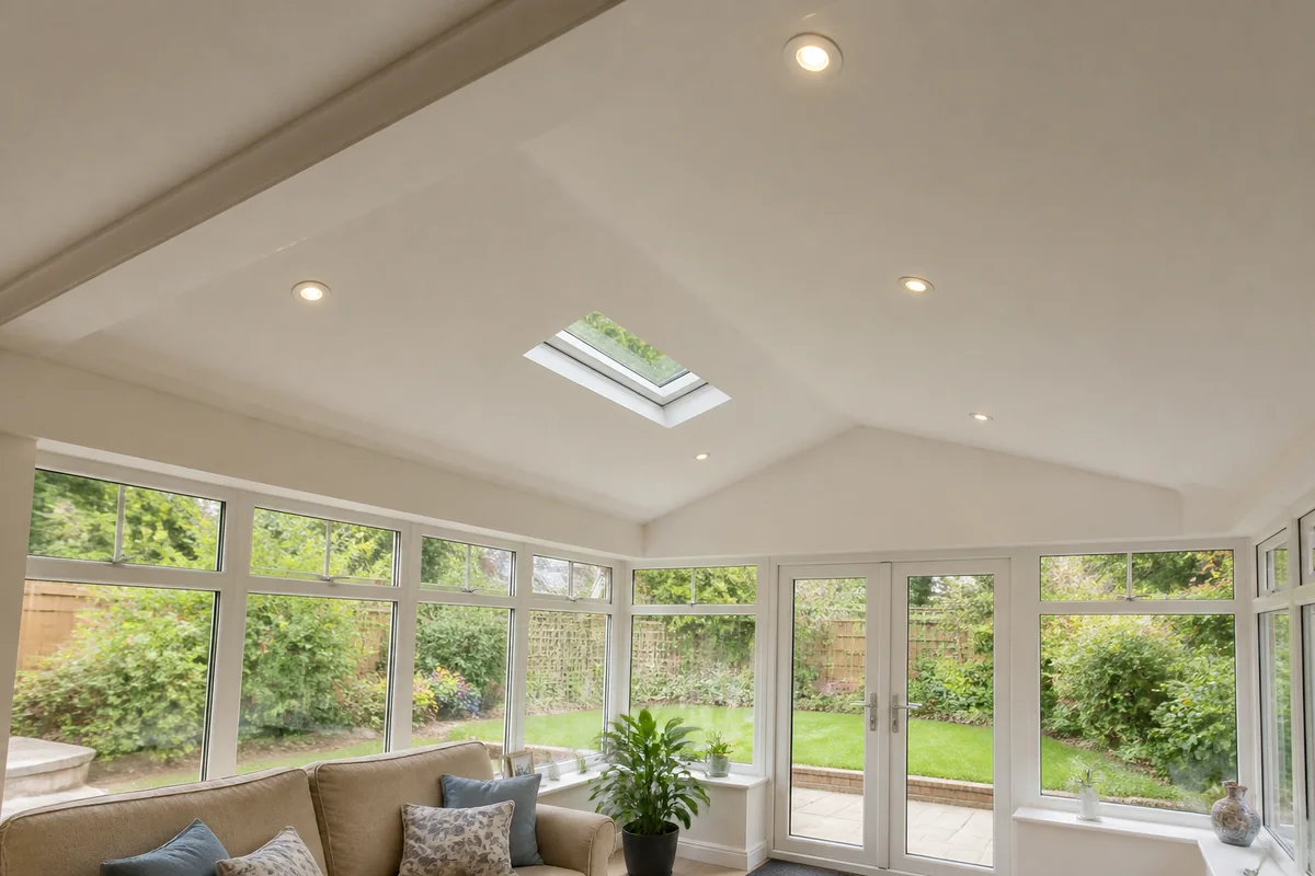 Illustrative plastered warm-roof ceiling with rooflight and spotlights