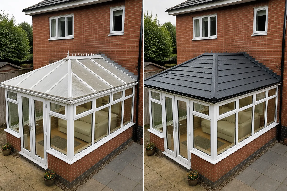 Illustrative before-and-after conservatory warm-roof replacement